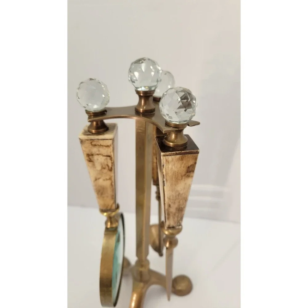 Vintage Brass Desk Set Bone Handles Crystal Knobs Magnifier Opener Snuffer